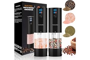 YAIAWISU Electric Salt and Pepper Mills Set of 2 (LED Display, Rechargeable, Adjustable Roughness Ceramic Grinder, 120 ml Large Capacity) Spice Mill Electric (Black, 2 Pieces)