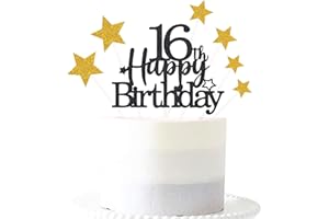 PARGLEEV Glittery 16th Happy Birthday Cake Topper with Star,16 Birthday Cake Toppers Party Decorations Party Supplies for Boys Girls Black Gold