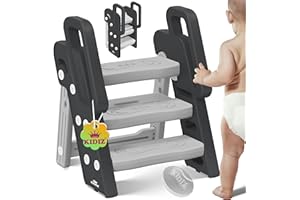 KIDIZ® Taburete para niños Escalera plegable con 3 peldaños | Torre de aprendizaje plegable de 18 meses a 6 años | Robusto | Taburete seguro y estable | Altura regulable Antideslizante