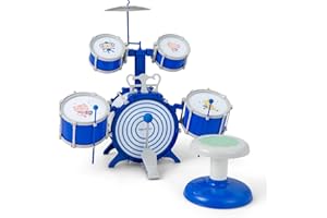 KOMFOTTEU Jazz-Schlagzeug für Kinder ab 3 Jahren, Schlagzeug-Set mit Hocker, 5 Trommeln, 2 Drumsticks, Notenständer und Pedal, Musikinstrument für Kinder, Blau