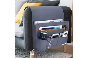 Betoores Sofa Armrest Organizer Bag, Couch Recliner Armchair Caddy with 5 Pockets for Remote Control, Magazine, Cell Phone, iPad, Books, Notebook, Charge Cable - Blue Gray