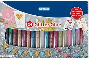 ‎STYLEX Stylex 23384 - Glitter Glue im farbenfrohen Set mit 24 Tuben á 10 g, lösungsmittelfrei und auswaschbar, Klebstoff mit tollen Glitzerpartikeln zum kreativen Basteln und Gestalten
