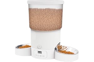 SURDY 5L Futterautomat Katze 2 Näpfe, Futterspender für Katzen & Hunde, Gleichmäßig Verteilung Katzenfutter mit 2 Edelstahlschüsseln,10s Mahlzeitenaufzeichnung und Timer-Einstellung 1-6 Mahlzeiten/Tag