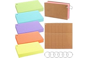 AUAURAINTT 600 pcs Flashcards, 12.7 x 7.6 cm Tarjetas Estudio con 12 Cubiertas de Piel de Vaca y 6 Anillas para Carpetas, Tarjetas para Oficina Estudio Toma de Notas Vocabulario Presentaciones (6 Colores)
