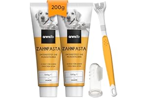 ‎ANIMIGO animigo 2X Hundezahnpasta (je 100g), 1x dreiköpfige Hundezahnbürste & 1x Fingerzahnbürste - Gegen Plaque, Zahnstein und schlechten Atem - Hunde Zahnpflege für Zahnreinigung mit Zahncreme & Fingerling