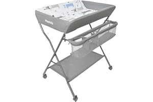Maydolly Foldable Baby Nappy Changing Table with Wheels and Storage Basket, Waterproof Surface and Height Adjustable, Portable Newborn Diaper Changing Unit, Mobile Infant Changing Station (Grey)