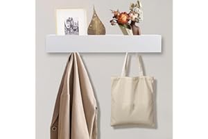 LINTRA Appendiabiti da Parete con Mensola, Bianco Appendi Abiti per Muro, Attaccapanni da Muro Moderno, con 5 Ganci Nascosti e Ripiani in Legno, per Camere da Letto, Corridoi e Soggiorni