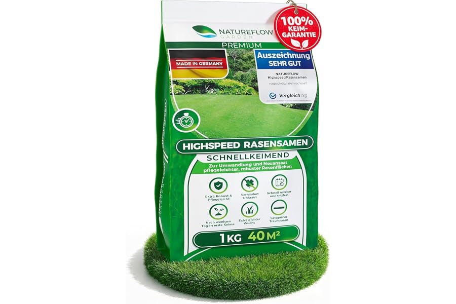 Rasensamen schnellkeimend Sommer 1kg – TEST SEHR GUT – Grassamen schnellkeimend Rasen Nachsaat Made in Germany – Rasensaat 40