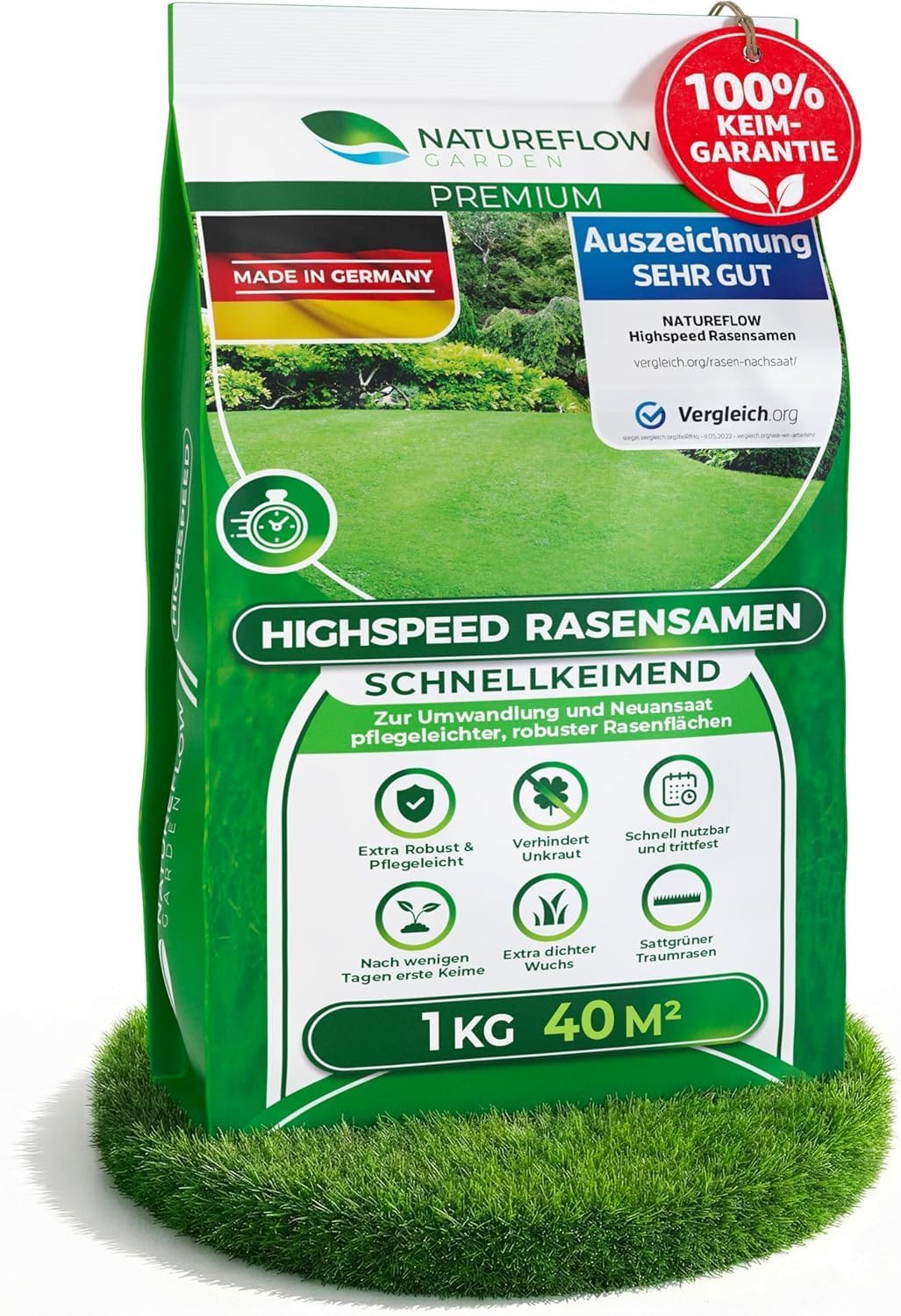 Rasensamen schnellkeimend Sommer 1kg – TEST SEHR GUT – Grassamen schnellkeimend Rasen Nachsaat Made in Germany – Rasensaat 40qm - Rasensamen Sommer Samen von Natureflow