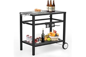 Towallmark Grillwagen für den Außenbereich, Pizzaofenständer, BBQ-Vorbereitungstisch mit Rädern und Haken, Seitengriff, Grillwagen mit zwei Ablagen, Grillwagen für Bar, Terrasse, Camping, Zuhause