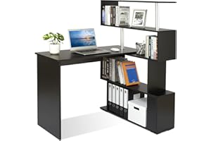 Mondeer Scrivania per Computer a Forma di L, Scrivania ad Angolo, Con Scaffale Girevole a 360 Gradi Per L'ufficio e lo Studio, 157 x 45 x 130.5 cm, Nero