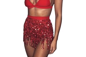 Springcmy Women Boho Rave Skirt Fringe Skirt GlitterSequin Tassel Skirt Belly Dance Hip Scarf Rave Party Festival Outfit