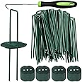 Bakulyor 100 Green Weed Control Membrane Pegs + 100 Buffer Washer, 6"/150mm Artificial Grass Pegs, Ground Pegs, Metal Garden Pins for Netting Matting Cover Fabric Barrier Landscape Staples Stakes