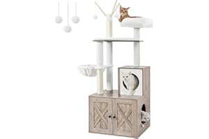 Feandrea PCT113G01 Drapak z szafką dla kota, 2 w 1, szafka na kuwetę dla kota, z pniami sizalowymi, zdejmowane kulki pluszowe, szarobeżowy, 151 cm wysokości