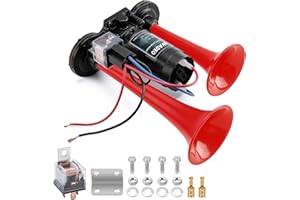 WADEO Klaxon à Air 12 V 118 dB pour Camion, Kit de Klaxon à Air Double Trompette Super Puissant avec Compresseur pour Tous les Véhicules 12 V, Camions, Trains, Bateaux, Voitures, Camionnettes (Rouge)