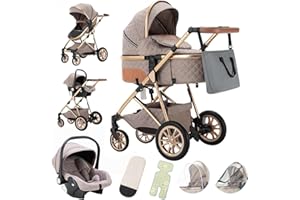 Gcarebb Carrito Bebe 3 en 1, Cochecito Bebe 3 Piezas Con Asiento De Auto, Cochecito con asa regulable en altura, Carricoche Combinado Paisaje Alto Marco de Aluminio Para Recién Nacido 0-3 años