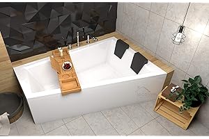 ECOLAM® Badewanne Intima Duo Eckwanne für Zwei 180x125 cm RECHTS + Ablage Bambus + Schürze aus Acryl + 2x Kopfstütze Ab- und Überlauf Automatik Füße Silikon Komplett-Set - PERFEKT FÜR ZWEI PERSONEN