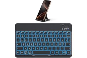 OMOTON Clavier sans Fil Bluetooth avec Support, Mini Clavier Portable Rétroéclairé Rechargeable Silencieux AZERTY Français pour iOS Android Windows, Noir
