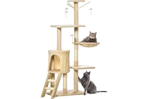 Pawhut Albero Tiragraffi con Cuccia per Gatti in Legno Sisal Naturale, Beige, 40x30x131cm