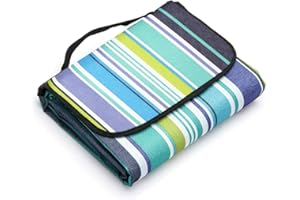 LIVEHITOP 200x200cm Picnic Blanket Waterproof Backing – Compact Camping Mat Sandproof Extra Large Foldable Rug with Handle for Outdoor Family Summer, Blue Stripe