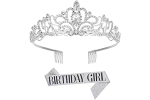 COLEXY Urodziny Crown Birthday Girl Pasek urodzinowy, stras urodzinowy korona, prezenty urodzinowe dla dziewczynki, zestaw dekoracji urodzinowych, dla dziewczynek na urodziny, srebrny