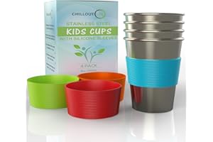 CHILLOUT LIFE Stainless Steel Cups for Kids 8 oz. with Silicone Sleeves - Small Metal Cups for Home & Outdoor Activities, BPA Free Healthy Unbreakable Premium Metal Drinking Glasses (4-Pack)