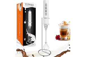 YUSWKO Mousseur à lait rechargeable pour café avec support, mélangeur portatif avec 3 têtes, 3 vitesses, agitateurs électriques pour latte, cappuccino, chocolat chaud, œuf – Blanc