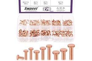 Swpeet Set di 270 rivetti in rame massiccio a testa piatta M2 M2.5 M3, rivetti in rame massiccio, rivetti di fissaggio ideali per applicazioni elettriche, cinture, portafogli, collari, pelle, fai da