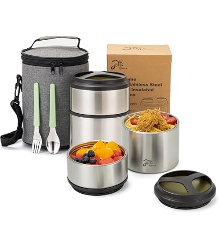 Lille Home 3-Tier Stainless Steel Bento Lunch Box - 2.45L Leakproof, 5 Compartments With Utensils & Insulated Bag