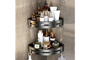 AMZJMT Estanteria sin taladro - 2 Piezas, Estante Colgante de ducha con 4 Ganchos, Estante de Esquina Negro para baño y Cocina