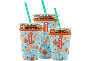 WK IEASON Reusable Iced Coffee Insulator Sleeve for Cold Beverages and Neoprene Cold Coffee Cup Sleeves Cooler Cover 16-24OZ 32oz for Starbucks Coffee, McDonalds, Dunkin Donuts, More (Orange Print)