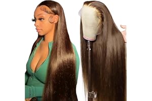 TUNFINE Pelucas Mujer Pelo Natural Humano Chocolate Brown Color Straight Pelucas Mujer 13x4 Lace Front Peluca Pelo Natural Pre-Arrancado Con Pelo De Bebé Para Mujer 24 Pulgadas (60cm)
