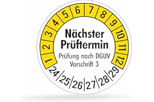 BEIHAASNATUERLICH Fluxxx 560 Stk Prüfplaketten "Nächster Prüftermin", 20 mm Ø, Prüfetiketten nach DGUV V3, 2024-2029, selbstklebend, Prüfaufkleber, E-Check Prüfetikett, Plakette für Elektrogeräte (Gelb, 5 Bogen)