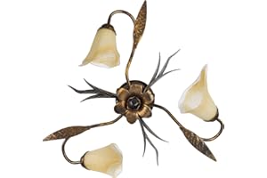 ONLI Forgiata - Lampada da Soffitto 3 Luci, Vetro opaco color Ambra, Metallo Marrone spennelato Oro