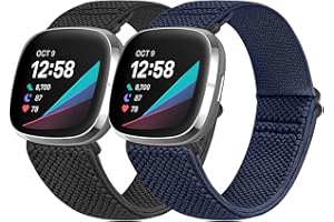 Vodtian Elastic Nylon Loop Straps Compatible with Fitbit Sense 2/Fitbit Sense/Fitbit Versa 4/Fitbit Versa 3 Strap, Adjustable Soft Stretchy Sport Braided Replacement Wristband for Men Women, 2 Pack
