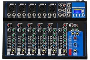 Depusheng HT7 Bluetooth Portable Audio Mixer w/USB DJ Sound Mixing Console MP3 Jack 48V Power for Computer Recording, 7-Channel Bands Mixing Boards For Studio Recording