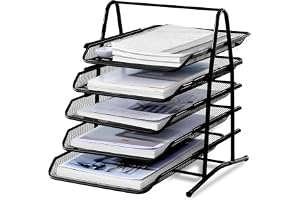 SKY-TOUCH 5 Tier Paper Tray : Desktop Organizer File Storage with Sliding Tray Stackable File Rack Metal Mesh Letter Trays for Office Study Room School Desktop Organization (Black)