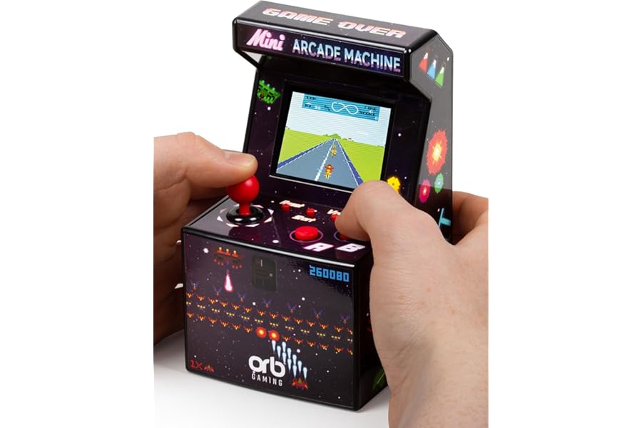 Mini Arcade Machine, 240 Built-In 8-Bit Games, 2.5” Full Colour Screen, 8-Way Joystick, Handheld Retro Games Console – Orb Gaming by ThumbsUp!