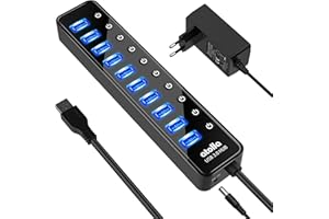 Hub USB Alimenté, atolla Hub USB 3.0 Multiprise 10Ports avec de commutateurs et des LED d'alimentation individuels Adaptateur 12V/2.5A pour Le Clavier, la Souris, l’imprimante, Les Pilotes durs, etc.