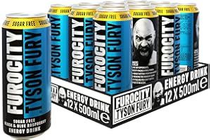 Furocity by Tyson Fury Energy Drink, Sugar Free Black and Blue Raspberry - Contains 157mg Caffeine with Zero Calories High in Vitamins B6, B12 and Taurine - 12 x 500ml Cans