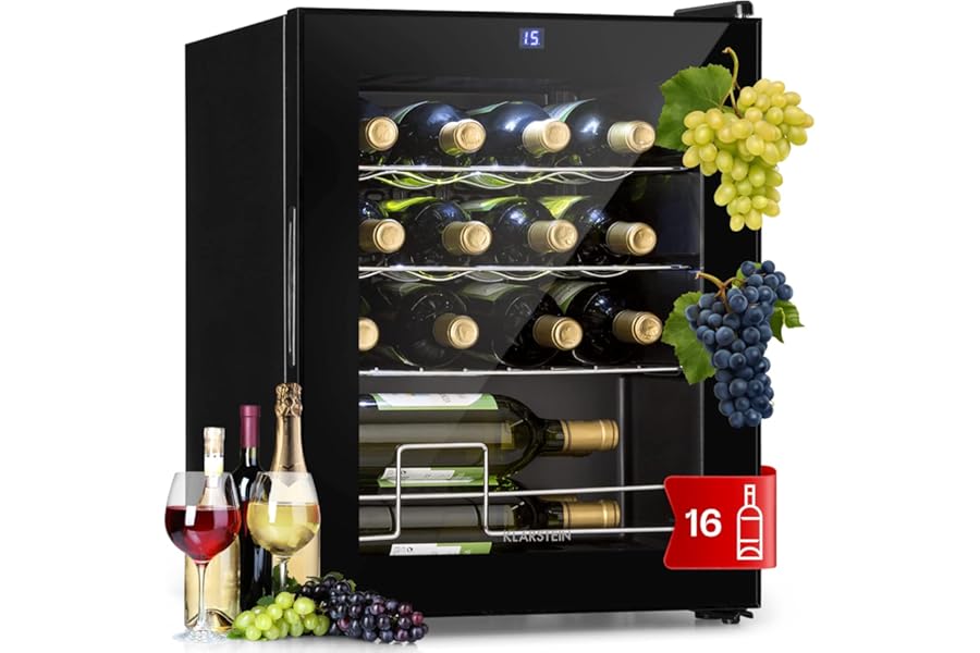KLARSTEIN Design Wine Cellar, Single Zone Refrigerated Wine Rack for Red, White and Beer, Touch Controls, Fridge Wine Rack for Outdoor/Indoor, 5-18°C, 42L, 16 Bottles