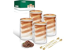 twoant Lot de 4 Tasse Latte Macchiato Double Paroi 400ml Pour Matcha Cappuccino Verres à café en borosilicate résistant aux températures élevées Thé avec 4 Cuillères