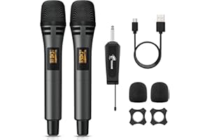 TONOR TW320 Wireless Microphones, 2x UHF Cordless Handheld Dynamic Mics with 6.35mm Rechargeable Receiver, 200ft. Range, 5 Adjustable Channels for Karaoke, Singing, DJ, Party, Speech, Grey