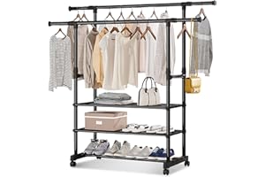 MONKLE - Appendiabiti da terra,Stand appendiabiti con ruote,3 Scomparti Portaoggetti+Doppio bastone appendiabiti a scomparsa(Nero)