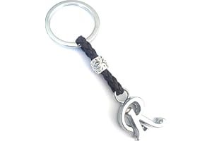 ASTER ALHELÍ - Llavero de Cuero con Iniciales Personalizado - Letras y abalorios de zamak Chapado en Plata - Llavero para Hombre o Mujer - Ideal para Regalo (R)