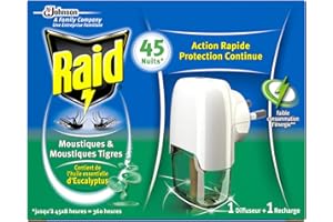 Raid Diffuseur Électrique Liquide, 1 Recharge, Moustiques et Moustiques Tigres, Huiles Essentielles d'Eucalyptus, 45 Nuits, Insecticide