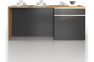 WHOUS Isola Cucina SOLE con 4 Ante e 4 Cassetti, Tavolo da Pranzo e Piano di Lavoro, Ideale per Open Space e Spazi Ridotti, 200x90x90 cm, Antracite Opaco e Rovere