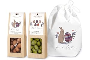 ‎WELLNUSS WELLNUSS ,,Osterglück“ - Premium Oster-Geschenk für Männer & Frauen I In ,,Frohe Ostern“ Baumwollsäckchen I 2 Nuss- & Schokoladen-Snacks für Ostern I Feinkost Geschenkidee