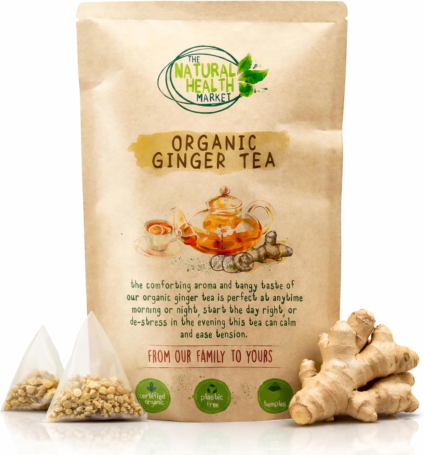 Organic Ginger Tea Bags – Strong Pure Ginger Root Herbal Tea – Plastic-Free & Caffeine-Free – Soil Association Organic – 50 Compostable Tea Bags – The Natural Health Market