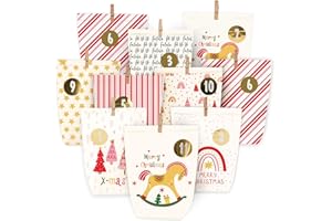 HOECMRHP Adventskalender zum Befüllen, Weihnachtskalender zum selber befüllen, 24 Bedruckt Adventstüten zum selbst füllen, Geschenk Papiertüten mit Zahlen Aufkleber zum Selbstbefüllen (Rot)